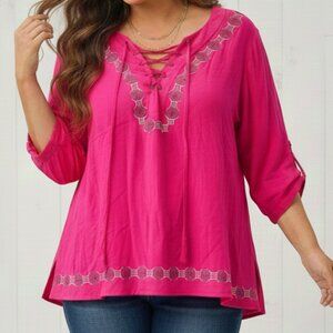Est. 1946 Size 18/20W Magenta Pink Lace Up Boho Top